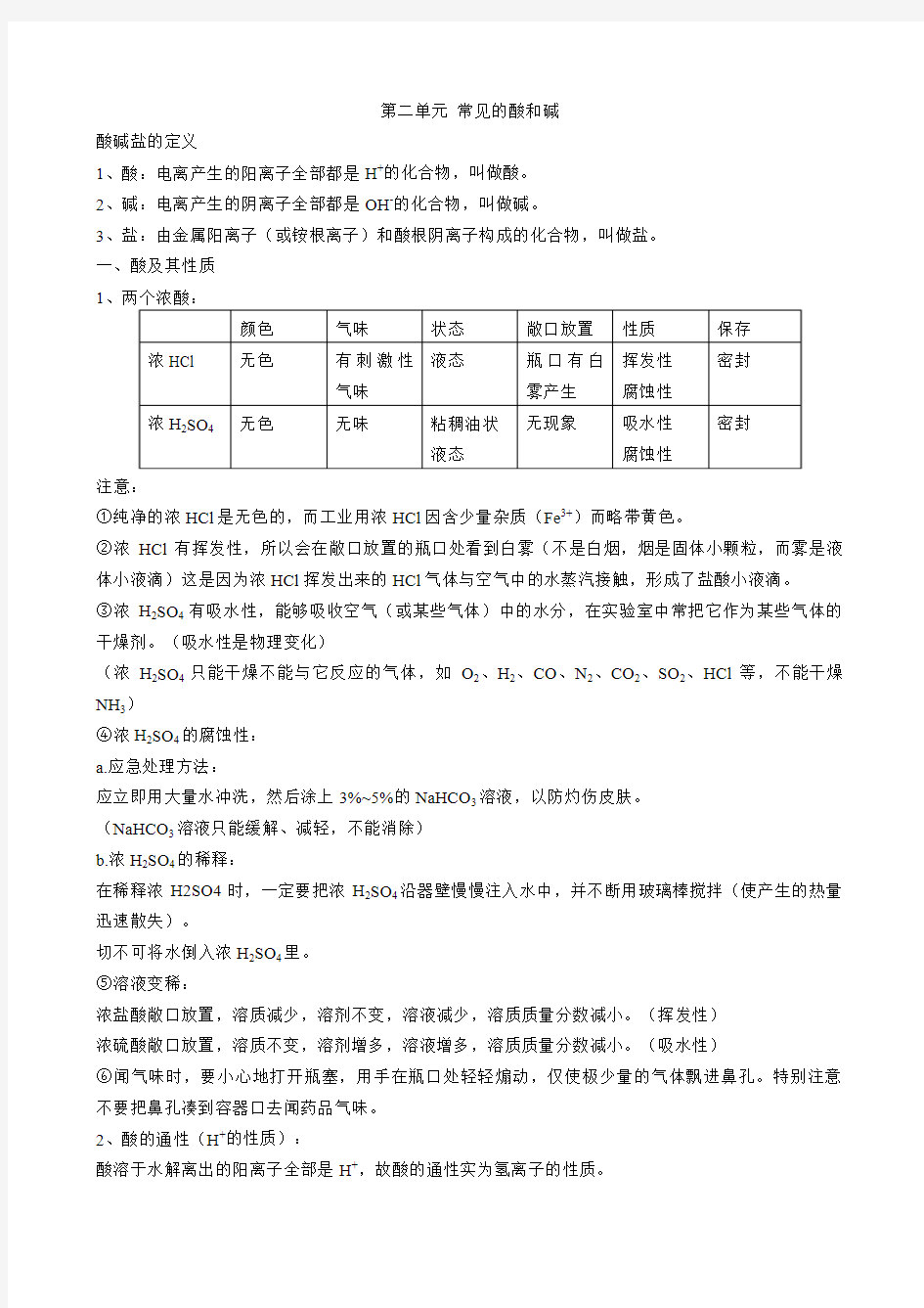 第二单元 常见的酸和碱 知识点