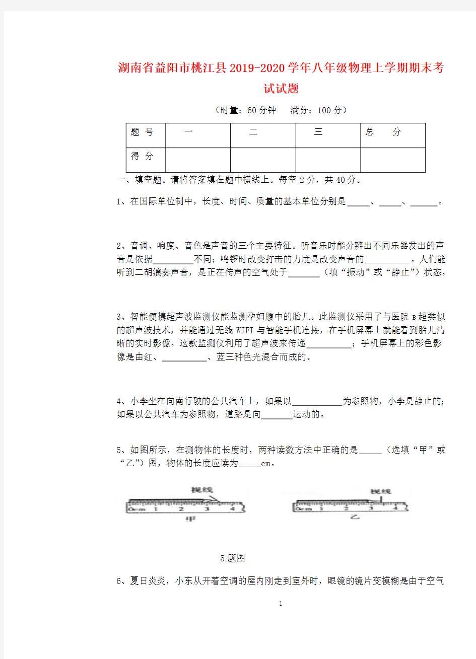 湖南省益阳市桃江县2019-2020学年八年级物理上学期期末考试试题