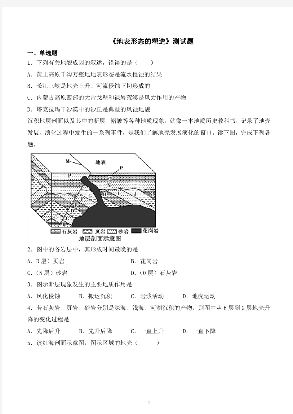 人教版地理必修一第四章《地表形态的塑造》测试题含答案