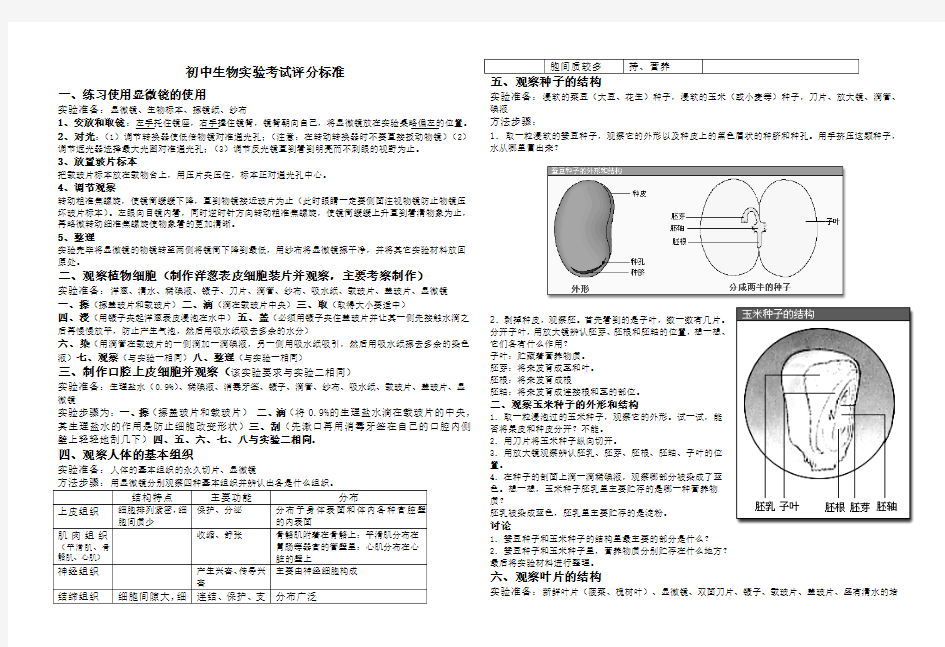 初中生物实验考试评分标准