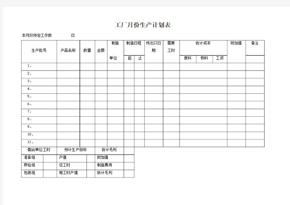 工厂月份生产计划表