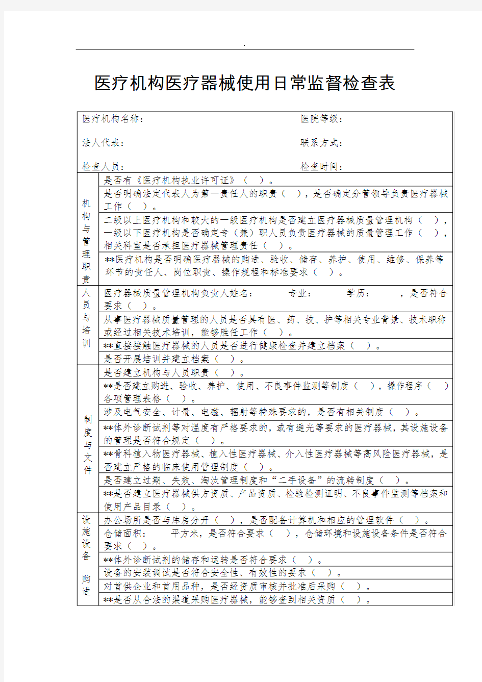 医疗机构医疗器械使用日常监督检查表精选范文