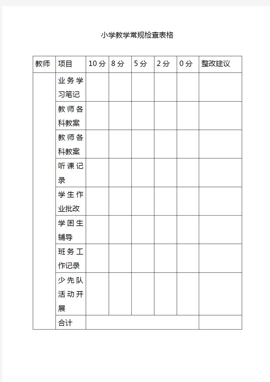 小学教学常规检查表格