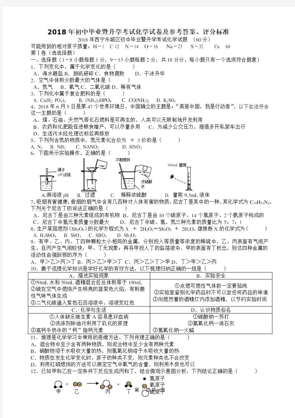 2018年西宁市初中毕业暨升学考试化学试卷及参考答案