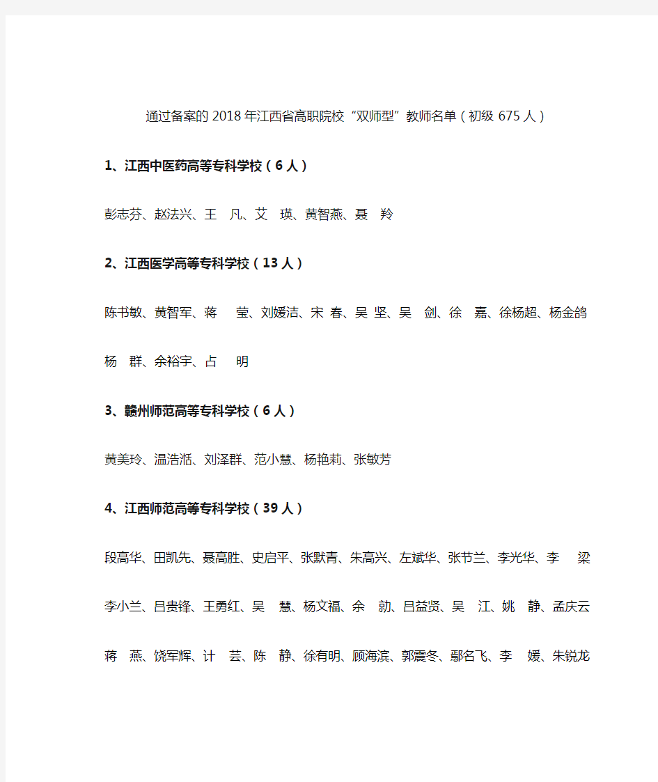 通过备案的2018年江西省高职院校“双师型”教师名单(初级675人)