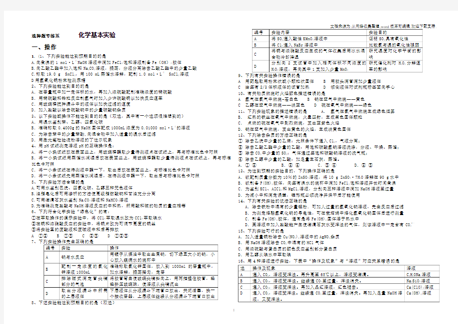 高考化学实验选择题