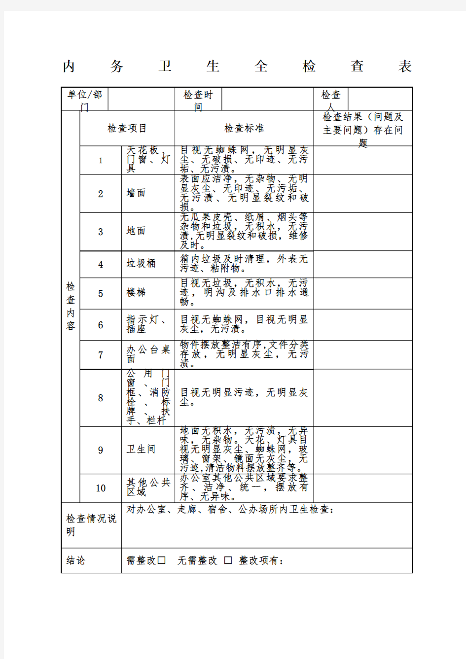 内务卫生全检查表