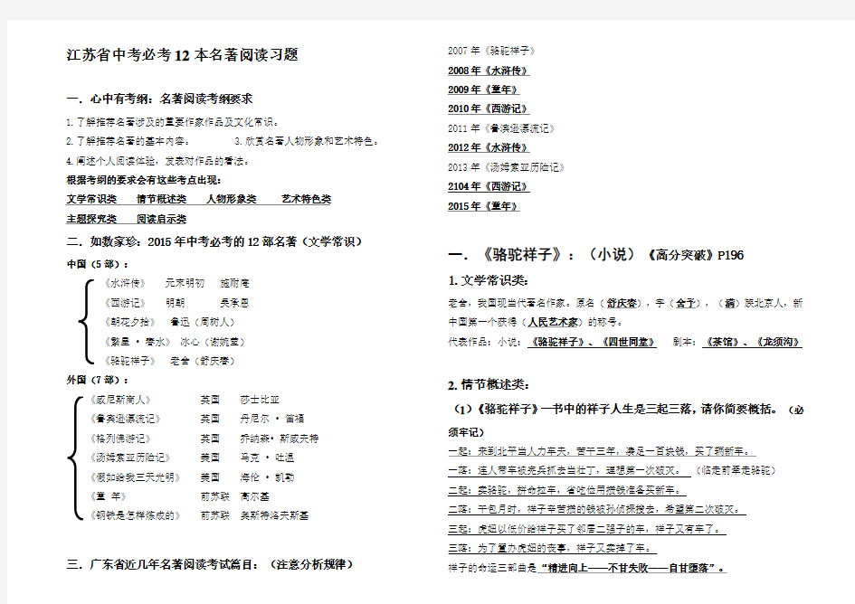 江苏省中考必考12本名著阅读习题