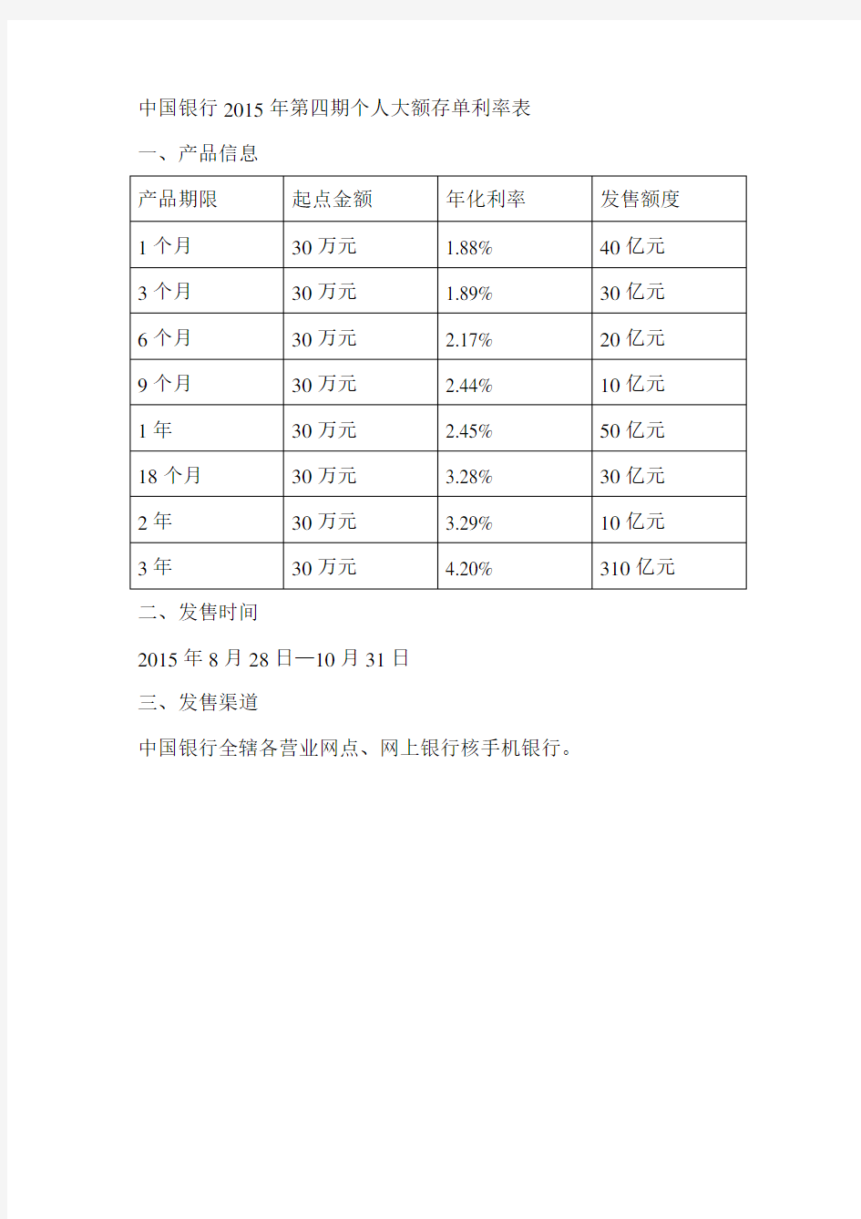 中国银行2015年第四期个人大额存单利率表