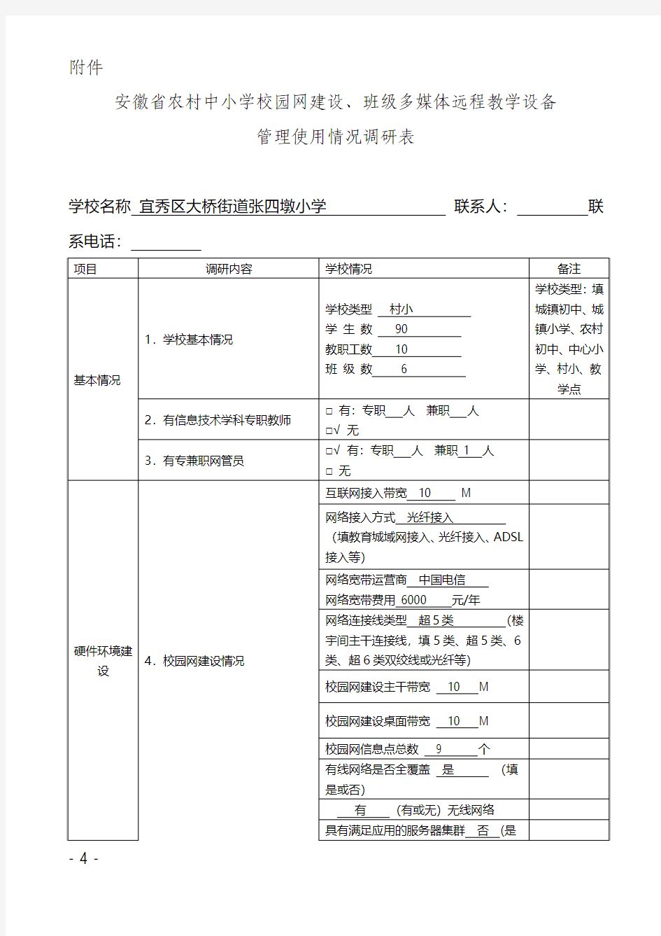 安徽省农村中小学校园网建设、班级多媒体远程教学设备管理使用情况调研表(已填)