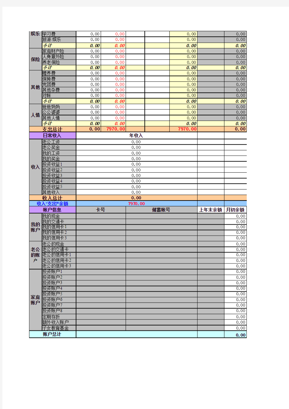 家庭理财用excel表格