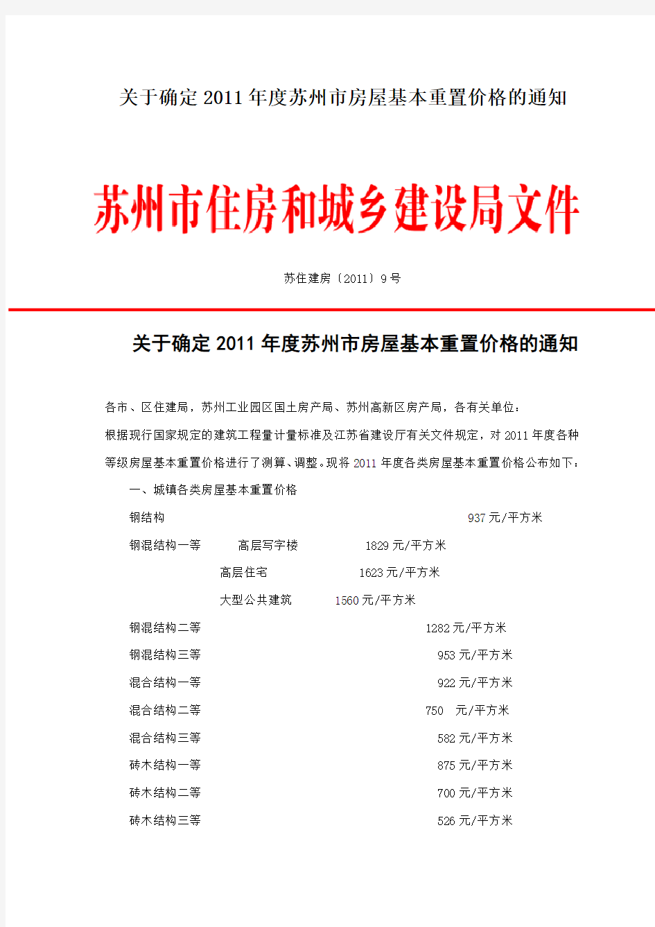 关于确定2011年度苏州市房屋基本重置价格的通知