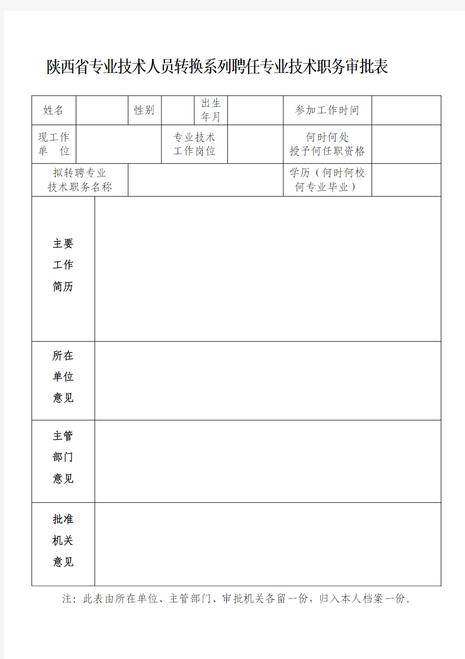 陕西省专业技术人员转换系列聘任专业技术职务审批表