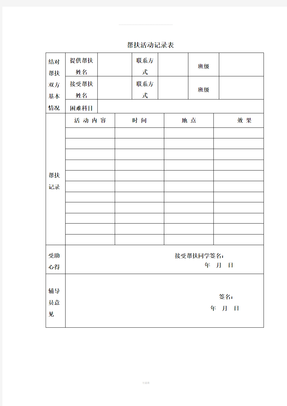 学生帮扶活动记录表