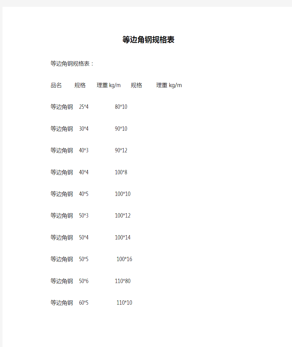 等边角钢规格表、角钢重量计算公式