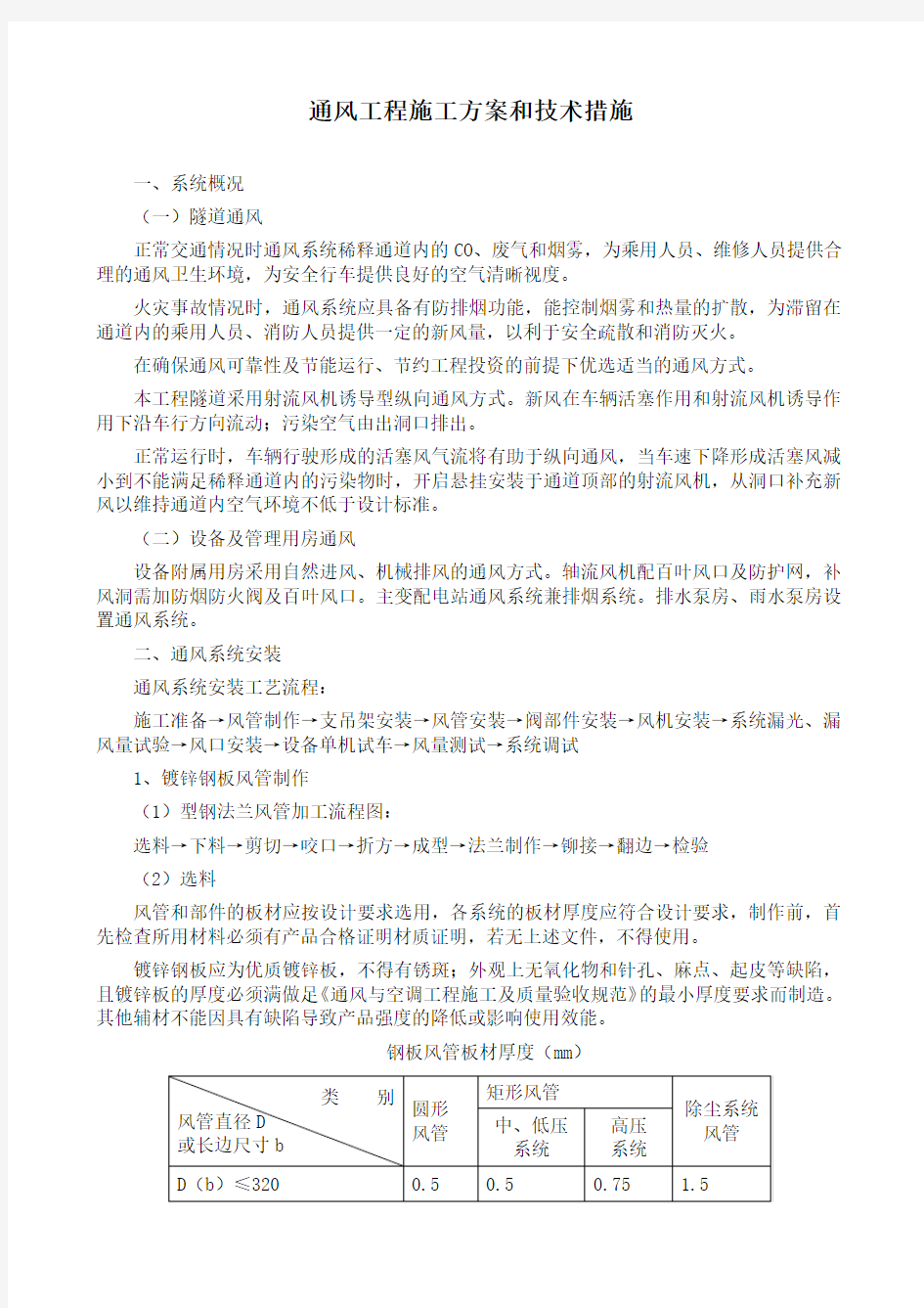 通风工程施工组织设计方案和技术措施方案