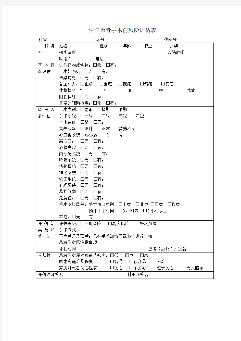 住院患者手术前风险评估表