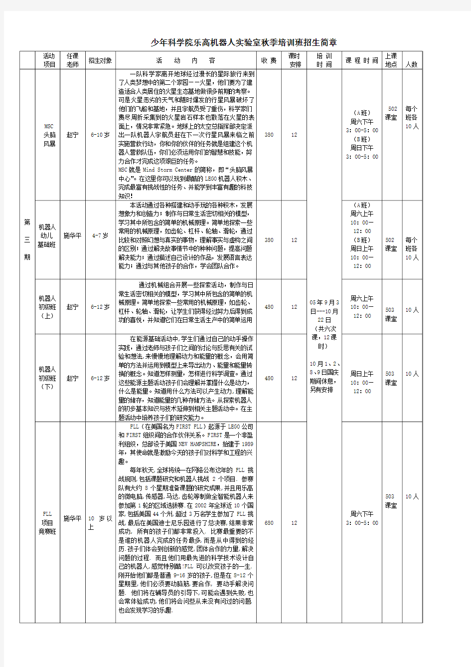 少年科学院乐高机器人实验室秋季培训班招生简章