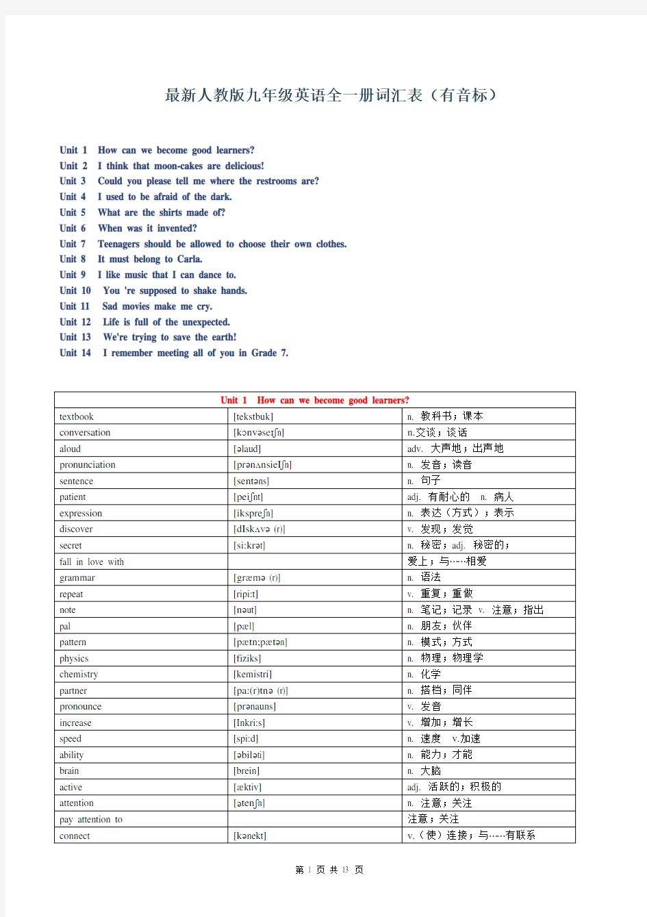 2019人教版九年级全册英语单词词汇表( 最新)