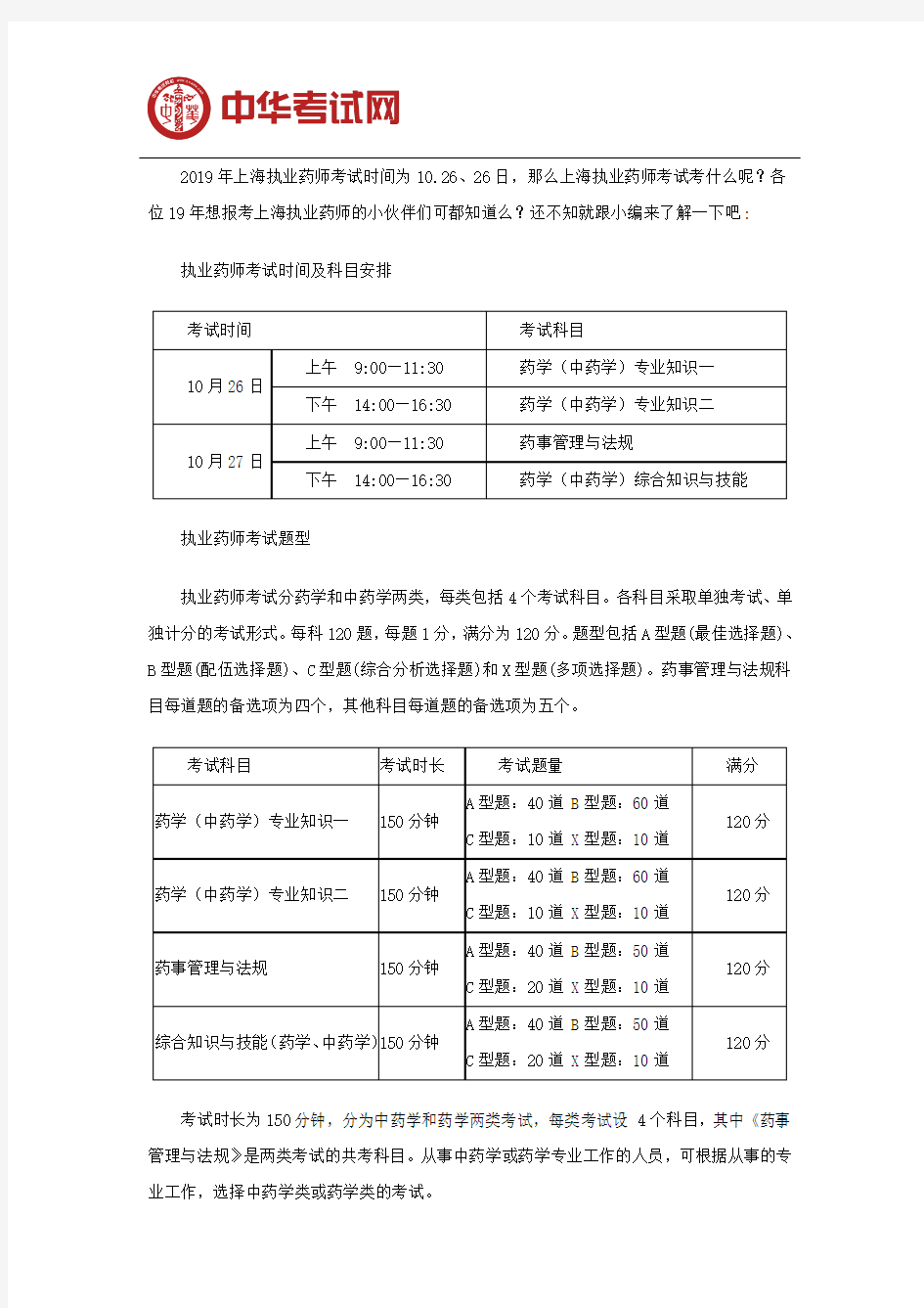 2019上海执业药师考试科目有哪些