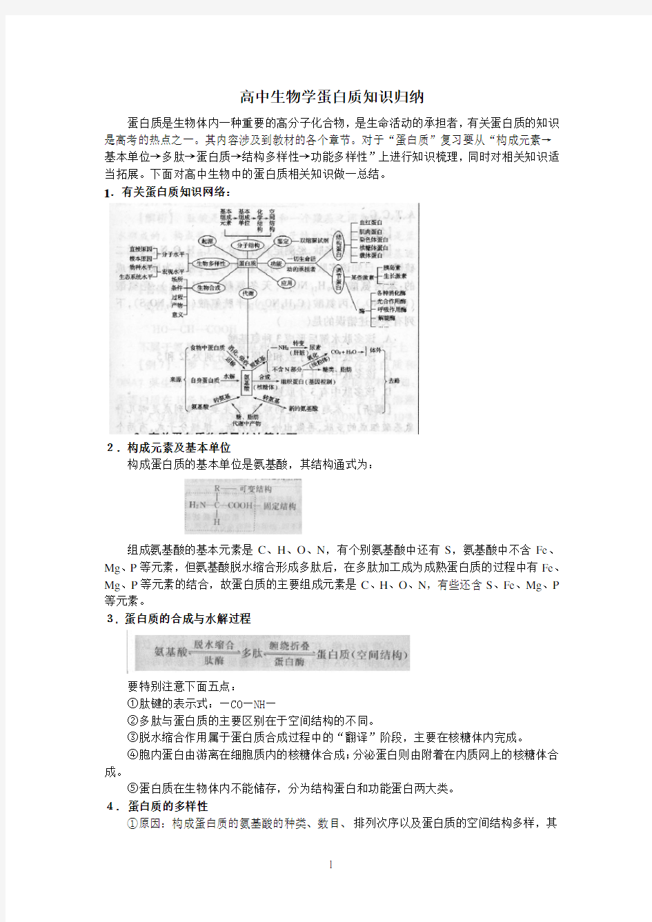 高中生物学蛋白质知识归纳