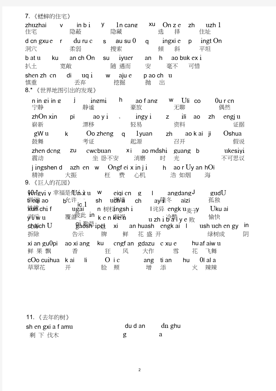 人教版语文四年级上册词语表