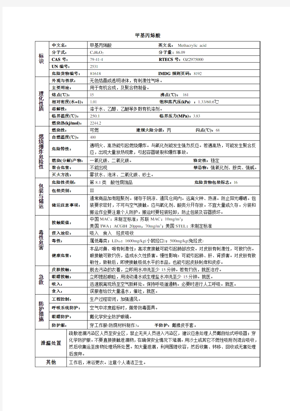 甲基丙烯酸化学品安全技术说明书MSDS