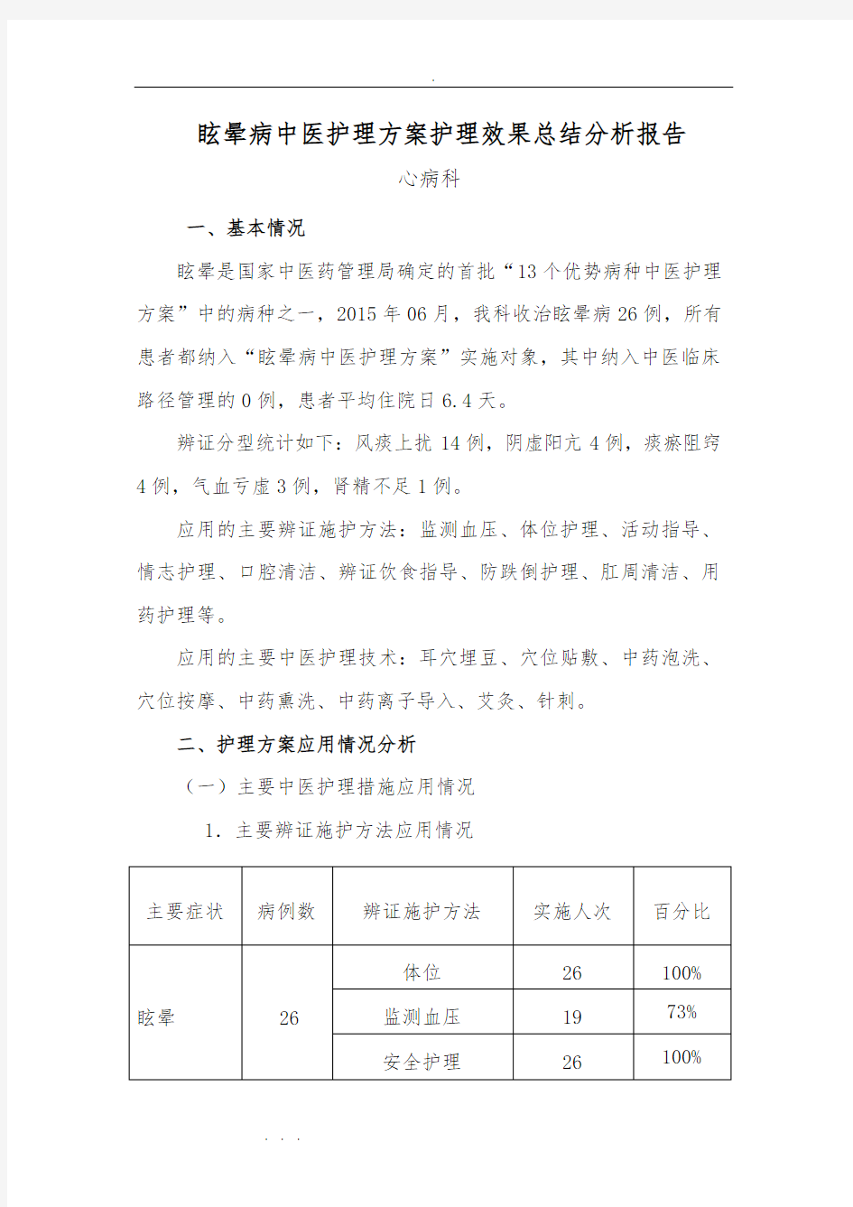 眩晕中医护理_方案实施总结分析报告