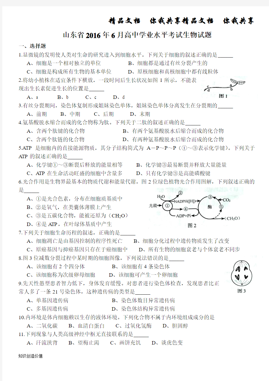 2016年6月高中学业水平考试生物试题及答案