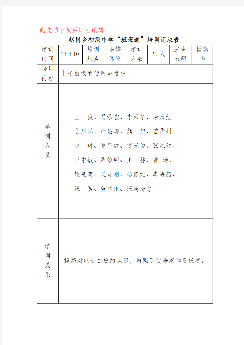 班班通培训记录表(完整资料).doc