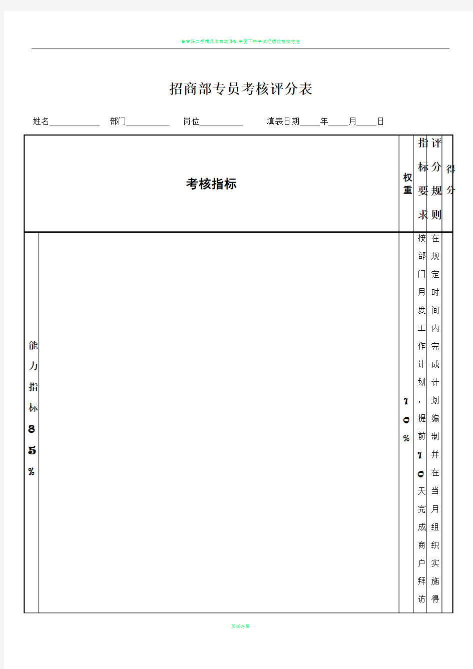 招商部专员绩效考核表