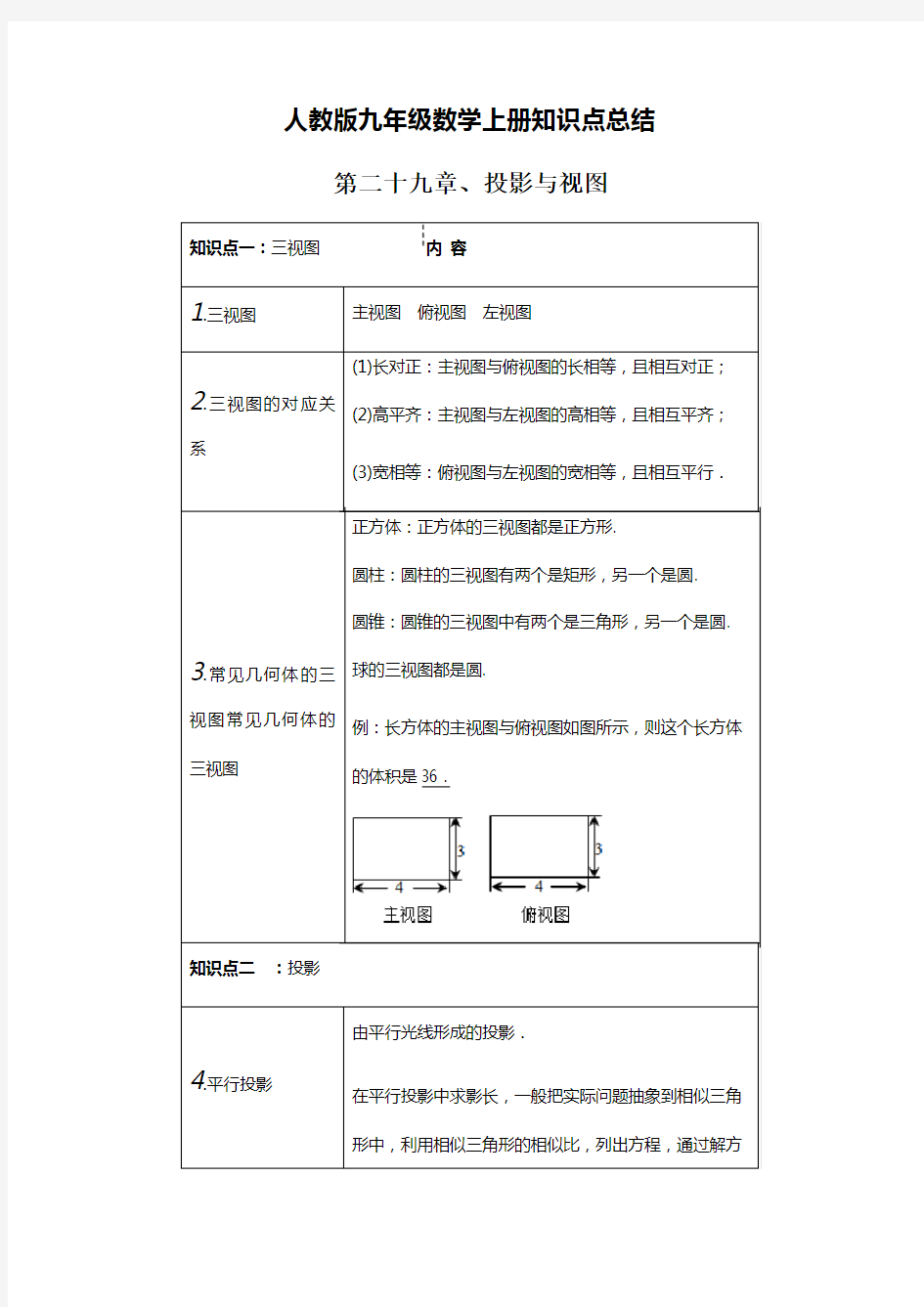 人教版数学九年级下册知识点总结：第二十九章、投影与视图