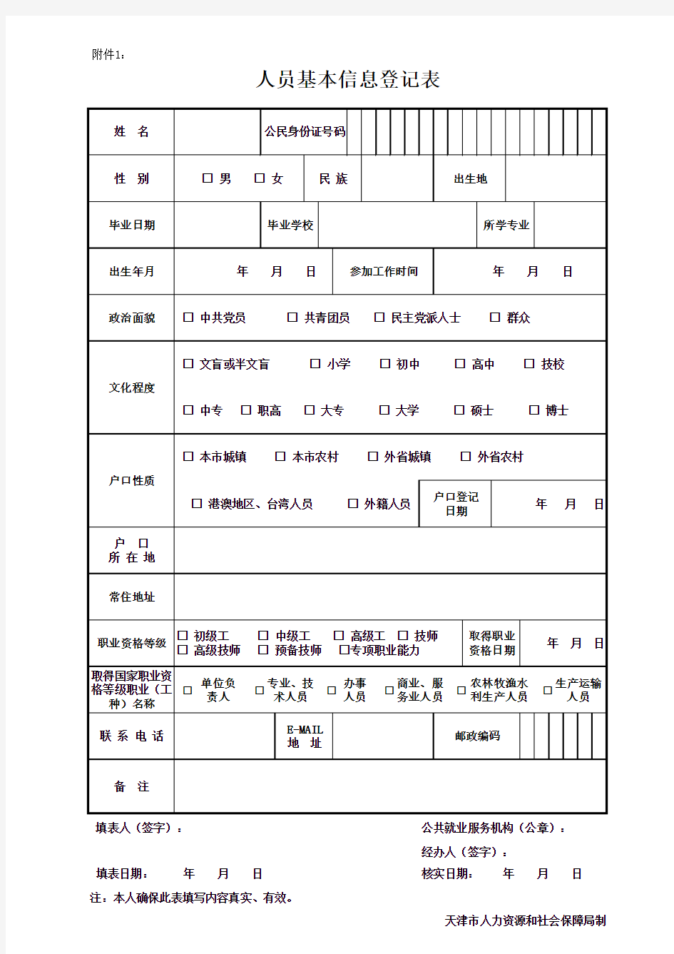 个人基本信息情况登记表(附件1)word版本