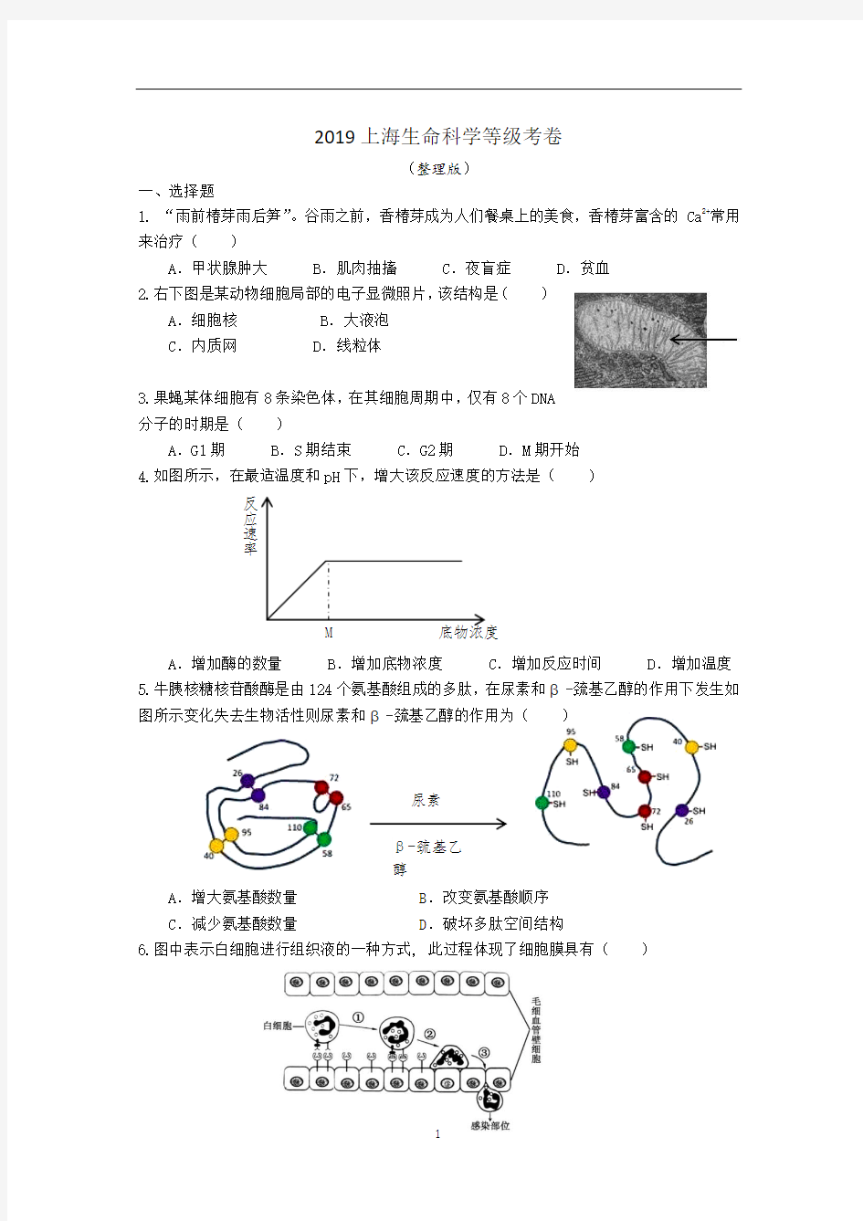 2019年上海高中学业水平考试生物等级考高考真题卷