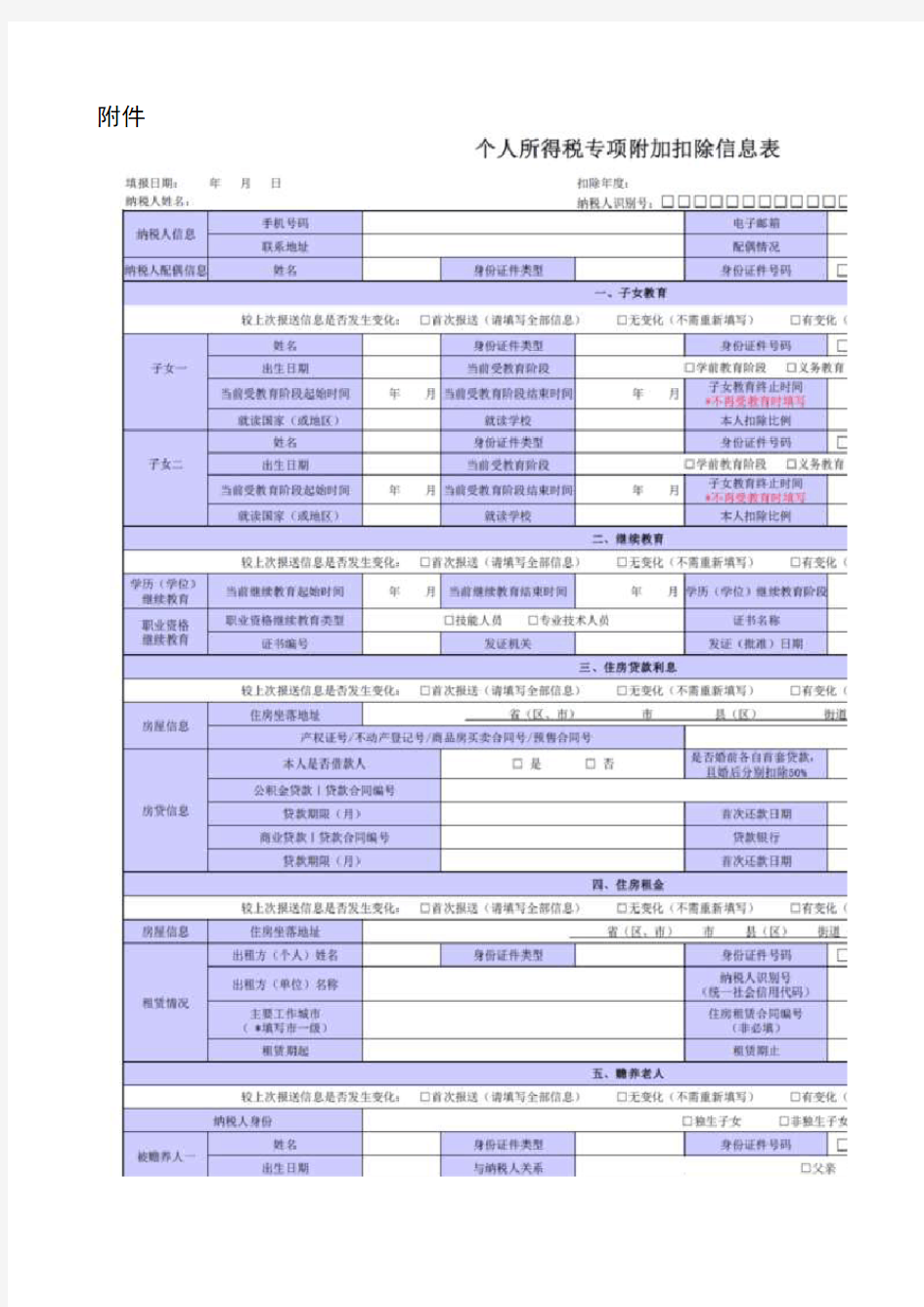 个人所得税专项附加扣除信息表及填表说明-2018122最新版