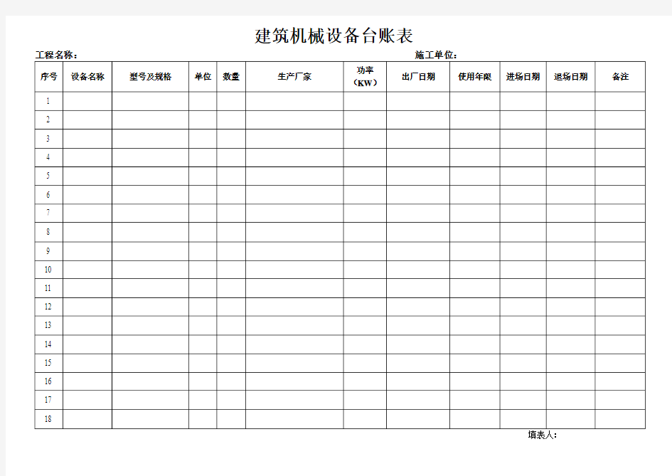 建筑机械设备台账表