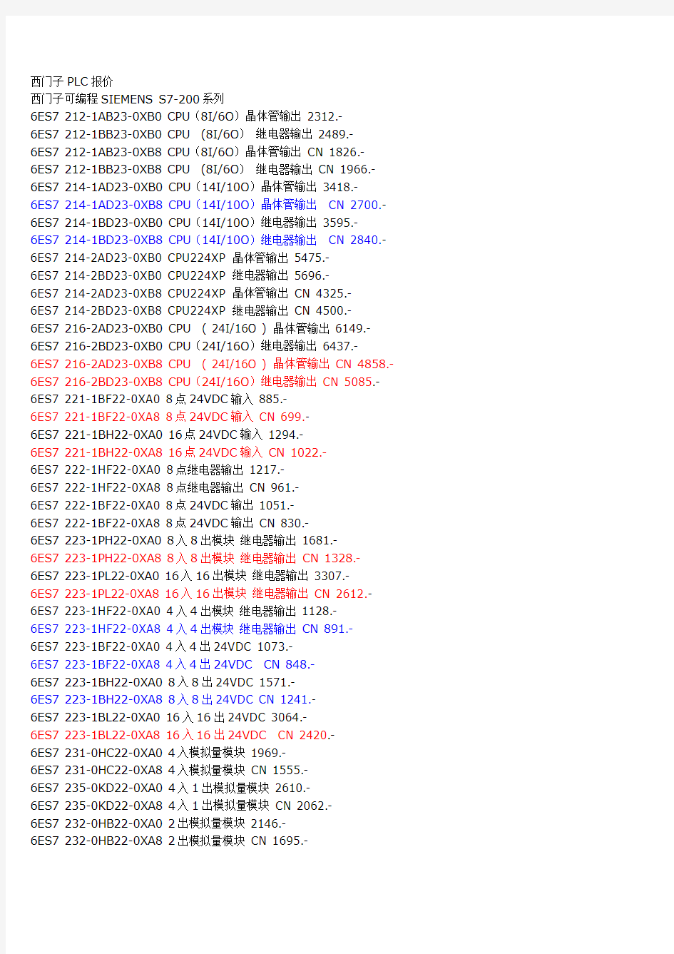 西门子PLC报价表