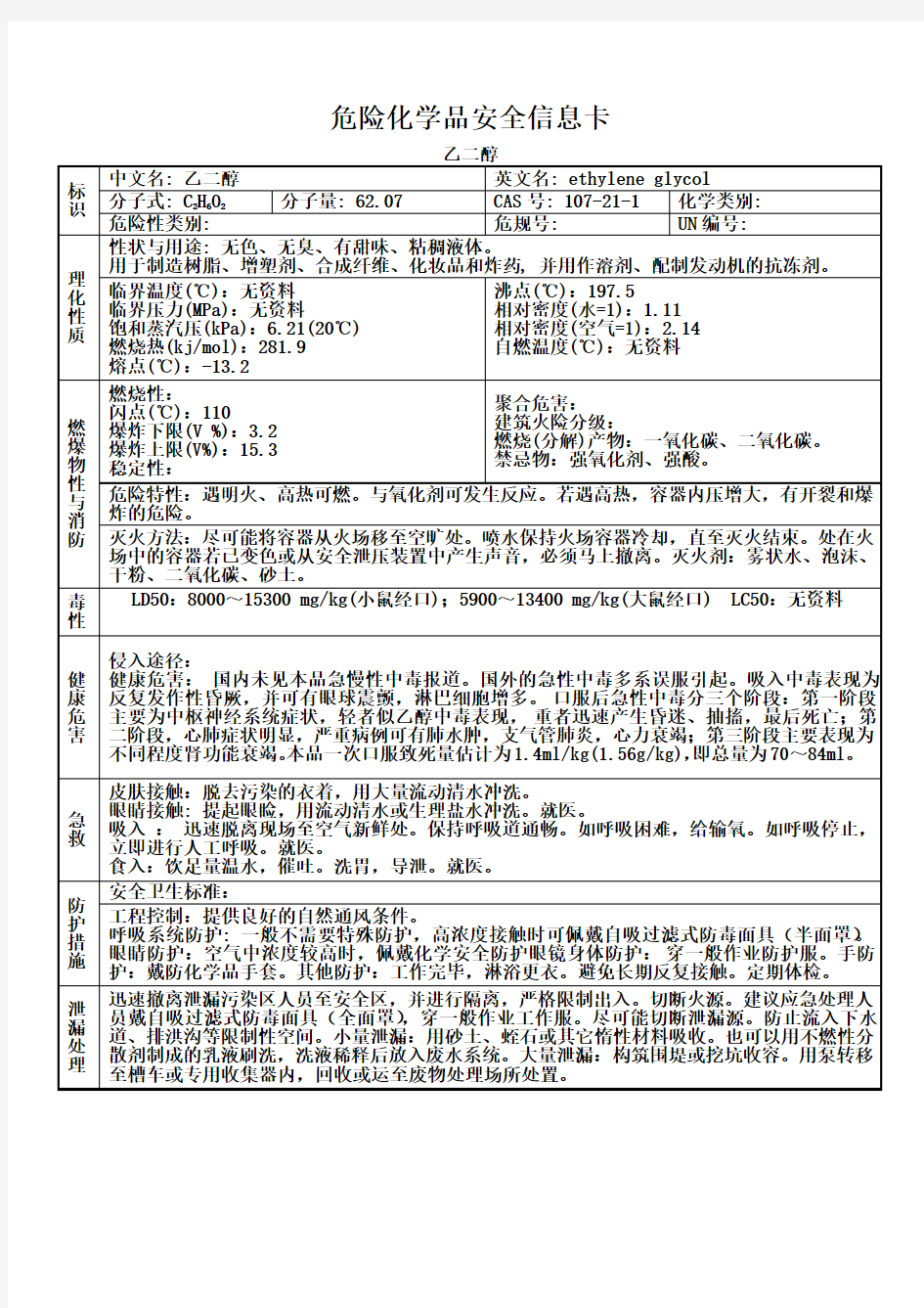 危险化学品安全信息卡