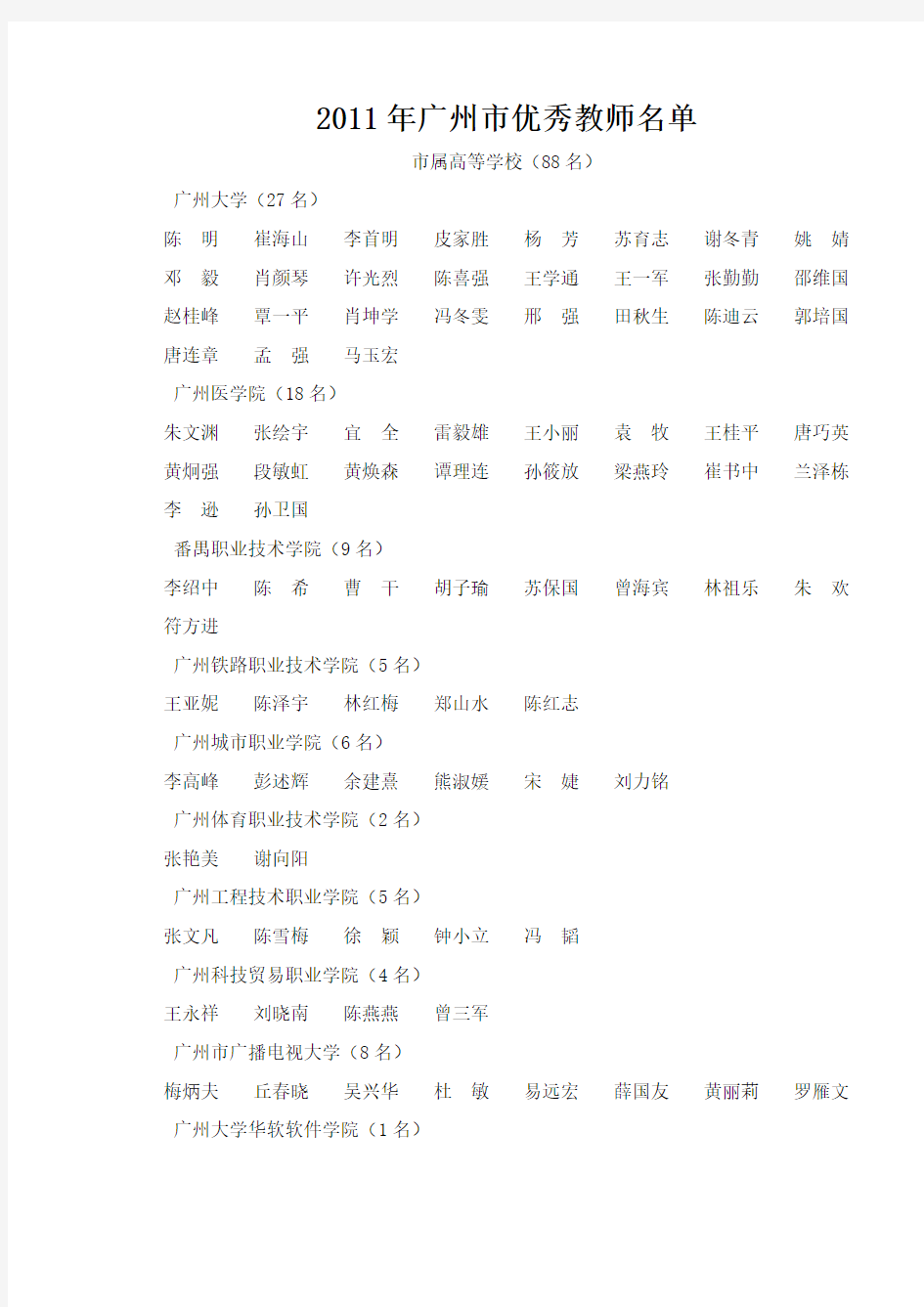 2011年广州市优秀教师名单