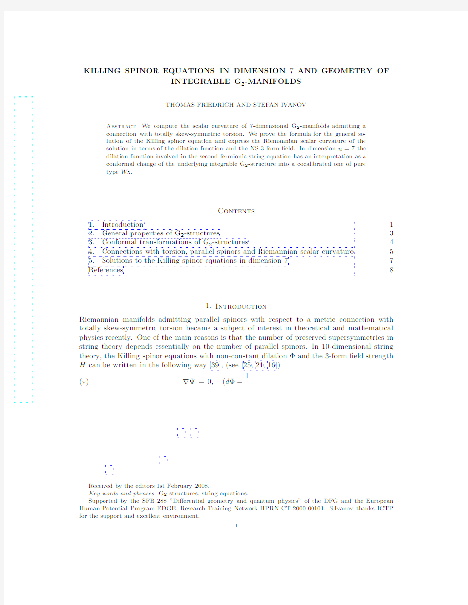 Killing spinor equations in dimension 7 and geometry of integrable G_2-manifolds