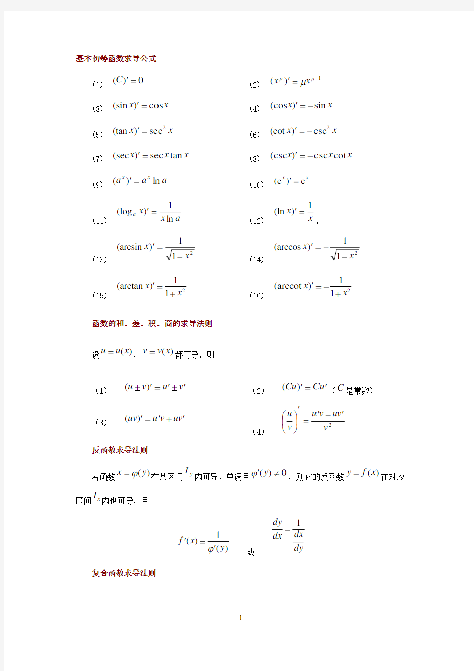 基本函数求导公式