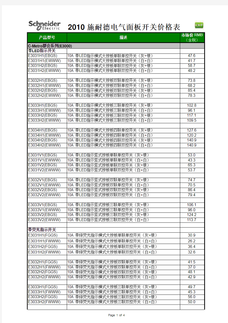 施耐德电气面板开关产品市场价格表___