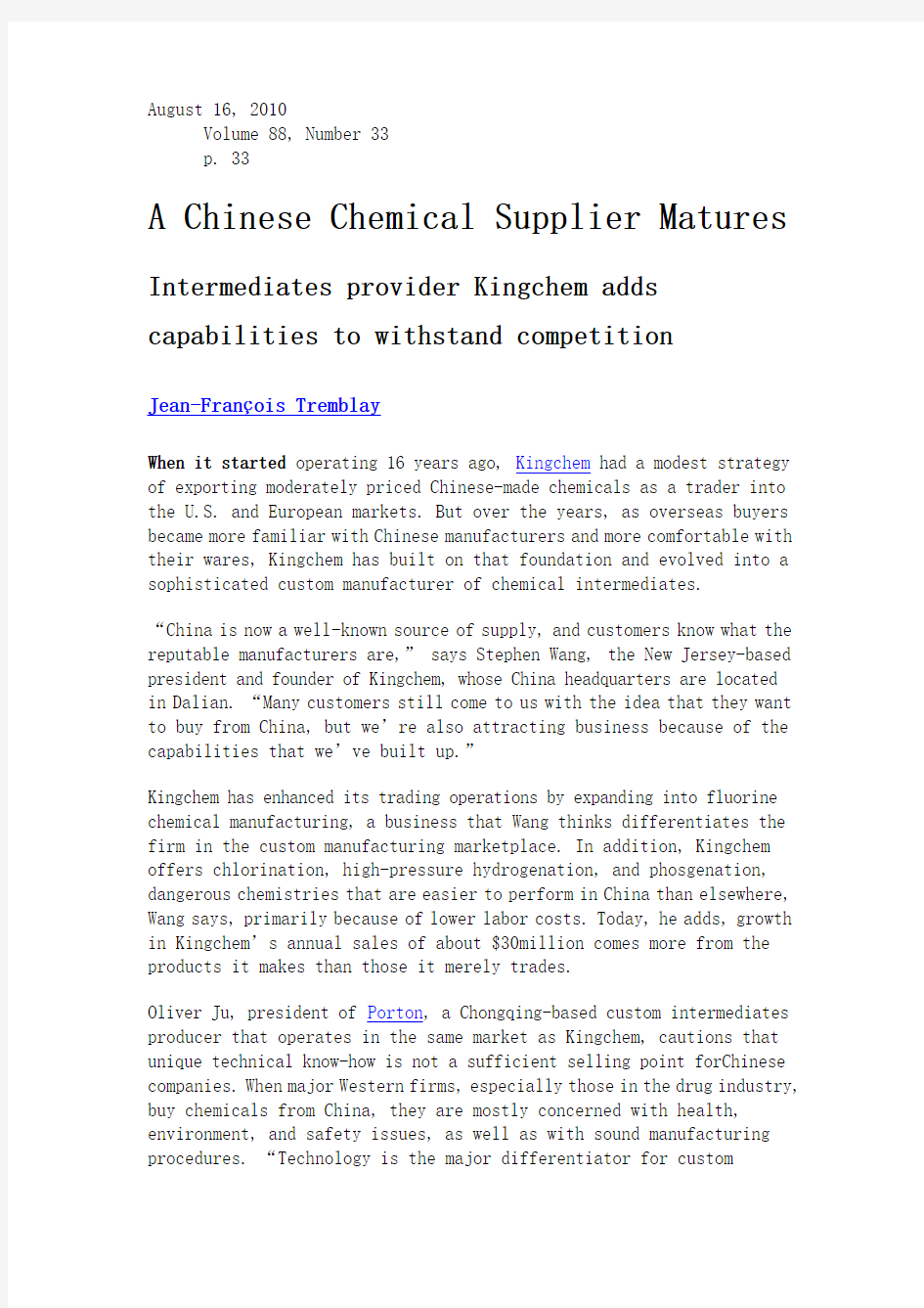 A Chinese Chemical Supplier Matures2010-33