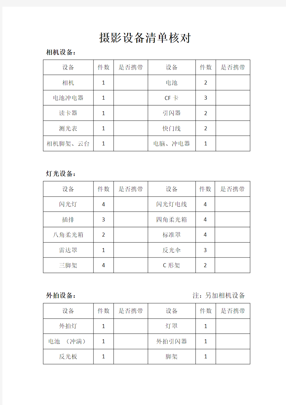 摄影设备清单核对