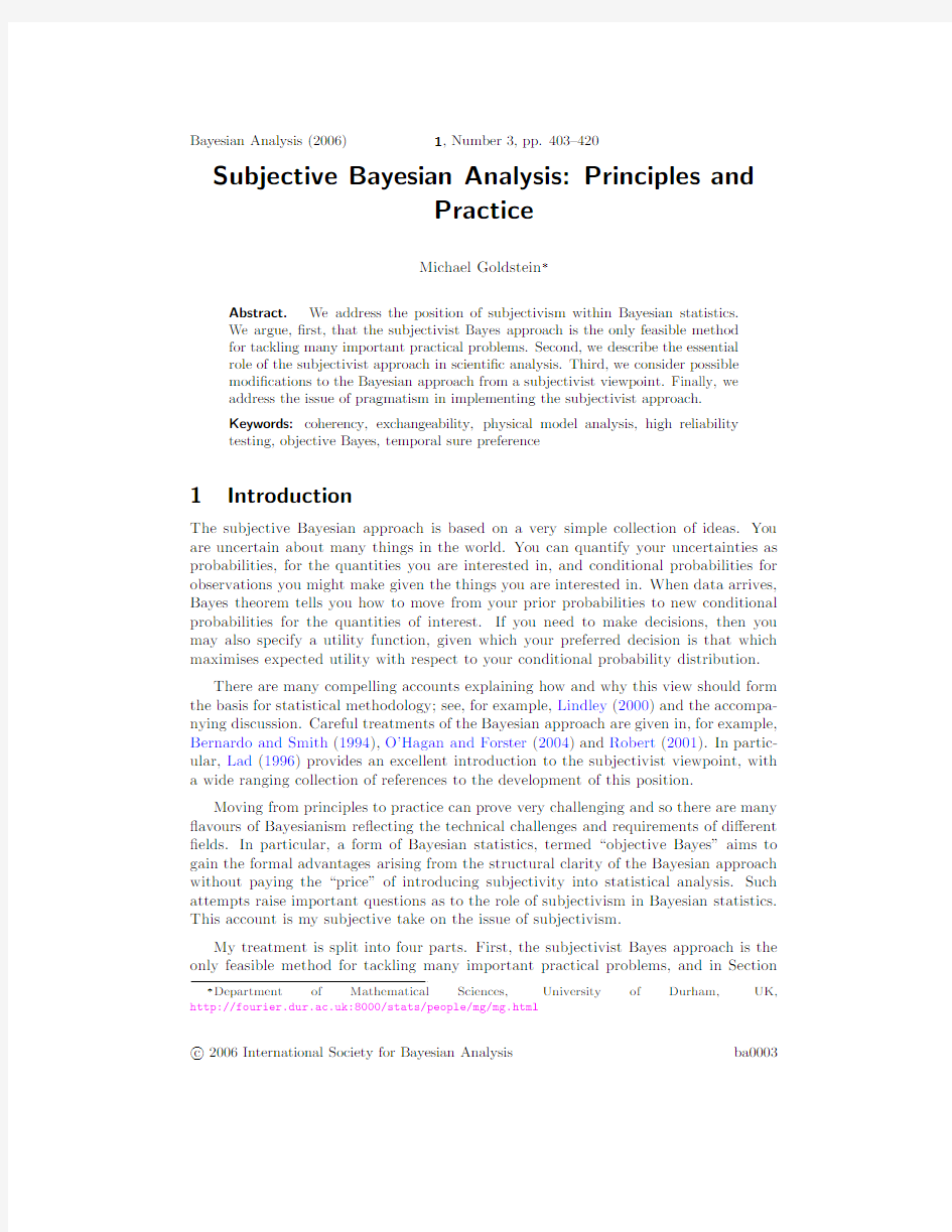 Subjective Bayesian Analysis Principles and Practice