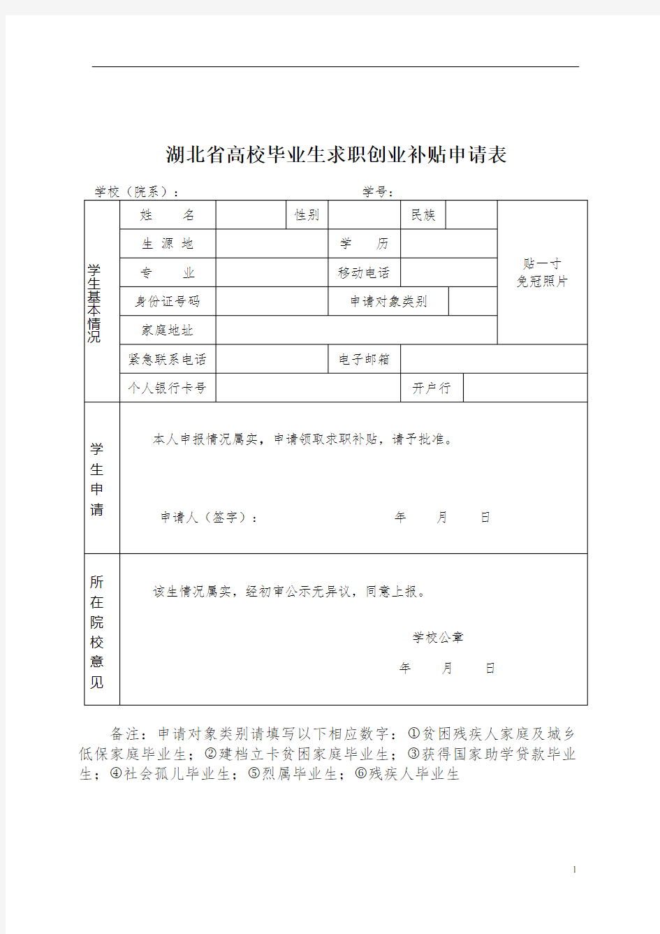 湖北省一次性创业补贴申请表