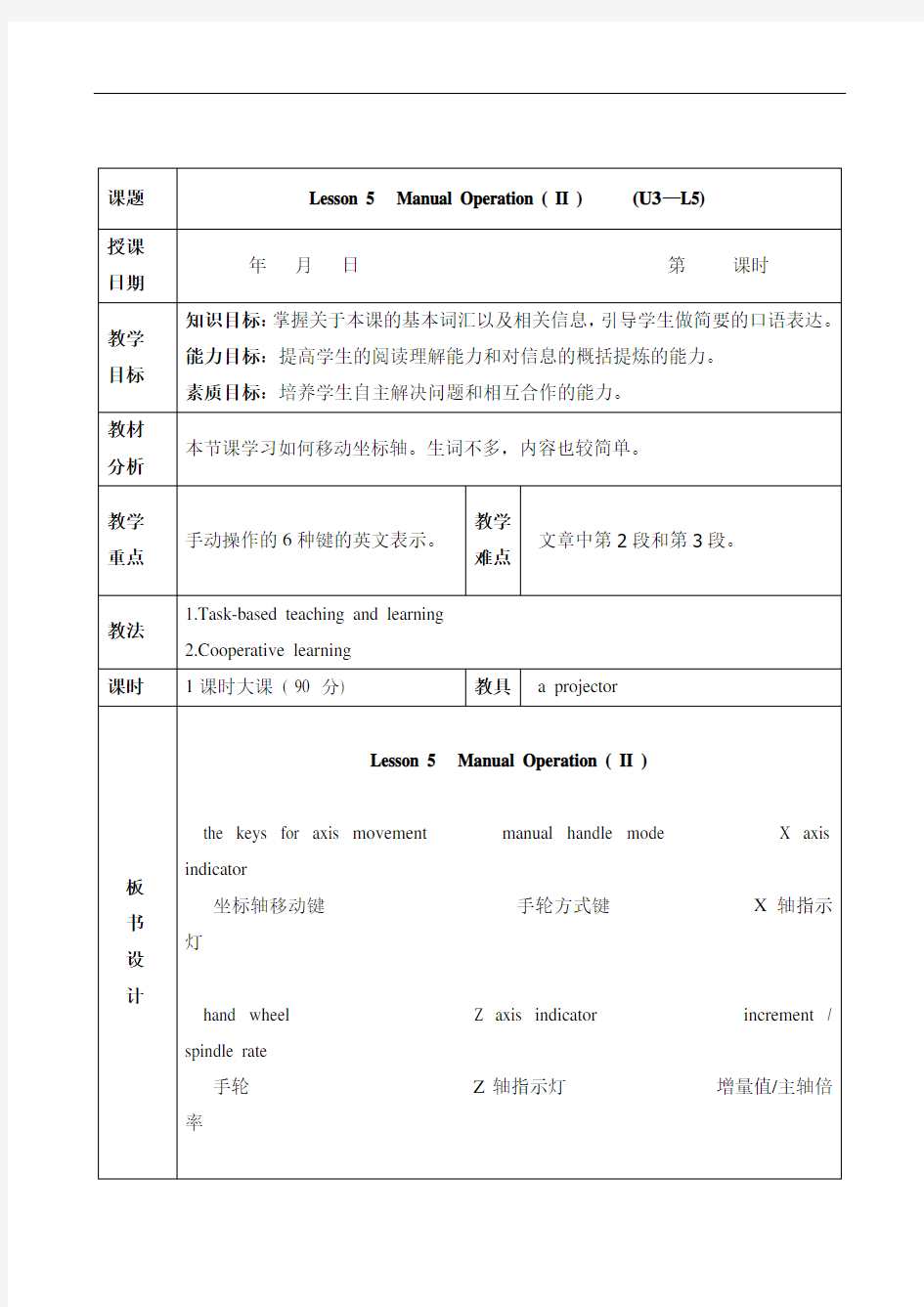 最新中职数控技术应用专业实用英语授课教案：3.5