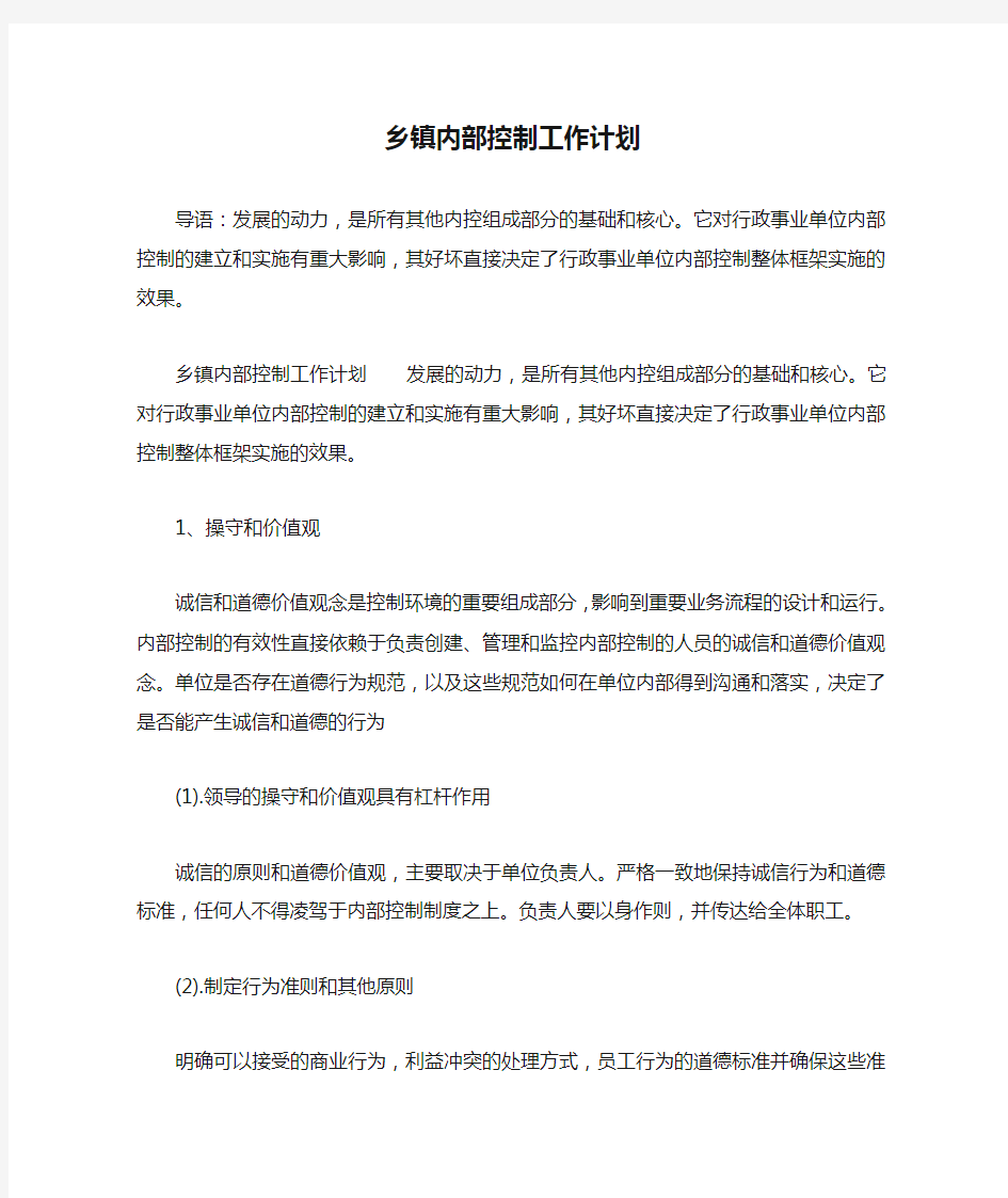 乡镇内部控制工作计划