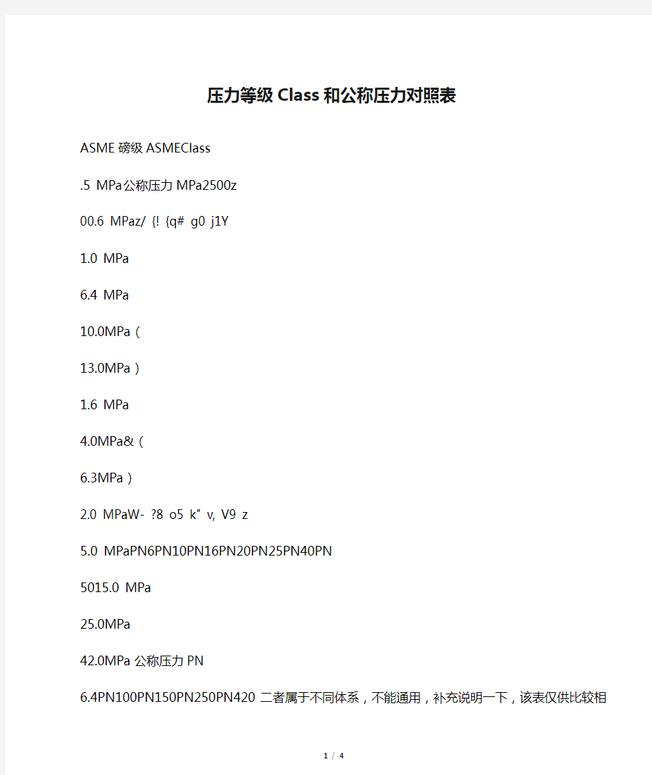 压力等级Class和公称压力对照表