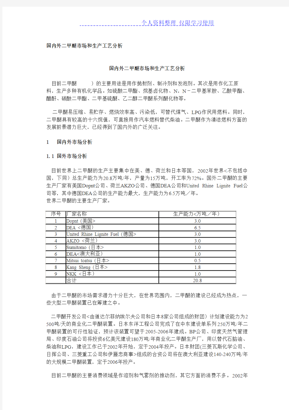 国内外二甲醚场和生产工艺分析